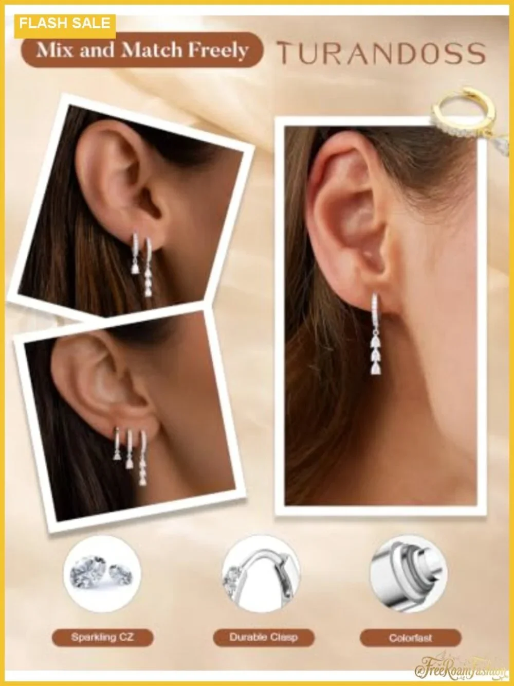 14K Gold Plated Brass Dangle Earrings Cubic Zirconia Drop Set